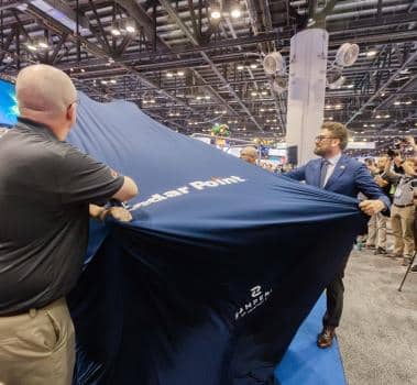 Curtain reveal of Lightning train for Top Thrill 2 from Cedar Point and Zamperla at IAAPA Expo 2023